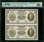 1943年荷属东印度爪哇银行50盾双连钞样票，打孔注销，PMG 65EPQ。Netherland Indies, an uncut pair of 50 gulden, specimen, 1943,