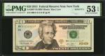 Fr. 2097-B. 2013 $20 Federal Reserve Note. New York. PMG About Uncirculated 53 EPQ. Solid Serial Num