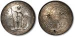 1908年香港不列颠尼亚女神站像壹圆银币一枚，打制规范清晰，淡金色环五彩包浆，底光丝滑闪亮，状态上佳，近未使用品