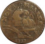 1787 New Jersey copper. Maris 56-n. Rarity-1. Camel Head. Overstruck on 1788 Machin’s Mills halfpenn