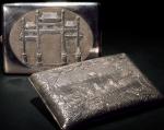 民国银质錾刻人物故事纹、牌楼纹饰烟盒一组二件