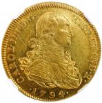 Bogota, Colombia, gold bust 8 escudos, Charles IV, 1794/3 J.J, rare, NGC AU 58, finest and only exam