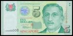 Singapore, $5, no date (2005), lucky serial number 1AN000008, green and multicoloured, Yusof bin ISh