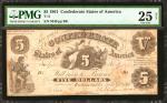 T-11. Confederate Currency. 1861 $5. PMG Very Fine 25 Net. Repaired, Previously Mounted, Small Tears