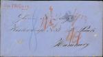 1864年2月汕头寄汉堡蓝色信封, 左上角盖红色"VIA TRIESTE" 章, 有香港红色框型"PAID"戳, 并有蓝笔手写邮资"8"字, 另有其他的邮资记号如Trieste的"6"; 封背有红色椭