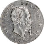 1876-R年意大利5 里拉。罗马铸币厂。ITALY. 5 Lire, 1876-R. Rome Mint. Vittorio Emanuele II. NGC EF-45.