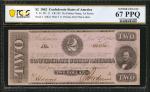 T-54. Confederate Currency. 1862 $2. PCGS Banknote Superb Gem Uncirculated 67 PPQ.