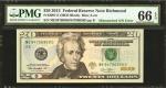 Fr. 2097-E. 2013 $20 Federal Reserve Note. Richmond.  PMG Gem Uncirculated 66 EPQ. Mismatched Serial