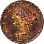 1871 Pattern Liberty Head Half Eagle. Judd-1170, Pollock-1312. Rarity-7+. Copper. Reeded Edge. Proof