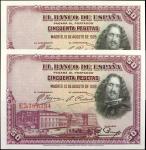 SPAIN. Lot of (2). El Banco de Espana. 50 Pesetas, 1928. P-75. Consecutive. Uncirculated.