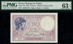 Banque de France, 5 francs, 26th May 1933, serial number V55493 756, (Pick 72e), in PMG holder 63EPQ