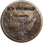 J.P. NICHOLS / ALBANY on an 1839 Braided Hair large cent. Brunk-Unlisted, Rulau-Unlisted. Host coin 