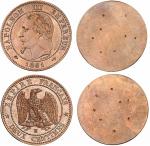Napoléon III (1852-1870). 2 centimes en bronze 1861, paire d’essais unifaces.