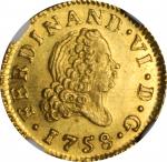 SPAIN. 1/2 Escudo, 1758-M JB. Madrid Mint. Ferdinand VI. NGC MS-64.