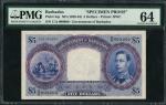 Government of Barbados, specimen $5, ND (1939-45), serial number C/A 000000, purple and blue, George