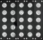 2007年1/4盎司25周年熊猫银币一套二十五枚，均为面值3元，直径25mm，成色99.9%，发行量30000枚。