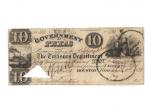 1838年美国德州财政部十元，钞票号833，加盖废票，近未使用