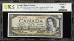 CANADA. Bank of Canada. 20 Dollars, 1954. BC-33b. PCGS Banknote Choice About Uncirculated 58.