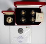 世界钱币3组，均为英女皇诞辰纪念币，包括直布罗陀1997年精铸纪念1鳄5克朗金币4枚1套，英国1986年纪念章1枚及2015年5镑铜镍币，proof鳄UNC，附原盒，精铸套币附证书