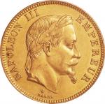 フランス(France), 1869, 金(Au), 100フラン Francs, PCGS MS63, 極美/未, AU, ナポレオン3世 月桂冠像 100フラン金貨 1869年(BB) KM802