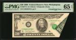 Fr. 2077-C. 1990 $20 Federal Reserve Note. Philadelphia. PMG Gem Uncirculated 65 EPQ. Printed Fold E