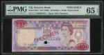 1989年斐济储备银行10元样票，德拉鲁红印，PMG 65EPQ