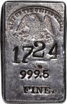 Undated San Francisco Mint Silver Ingot. Type I Oval Hallmark. No. 1724. 6.67 Ounces. 999.5 Fine.