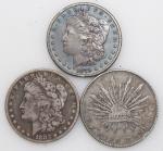 1879及1883年美国银币1元，以及1893年墨西哥8里尔亚，带深色包浆，墨西哥银元有戳印，AVF至EF