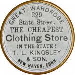 Connecticut, New Haven. 1868 T.L. Kingsley & Son / Great Wardrobe. Bowers CT-360. Gilt brass. 34 mm.