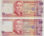 Philippines; 2000-2001, Lot of 2 Lucky number notes. 2000, 50 Piso P.#183c, sn. ZG 1000000, upper le