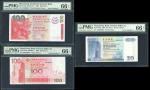 香港纸币细号3枚一组，包括2000年中国银行20元，编号AG000002, 2003年100元，编号BW000007及2003年渣打银行100元，编号AX000007, 均评PMG66EPQ。Hong