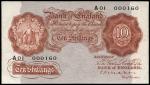 Bank of England, C.P. Mahon, 10 shillings, ND (1928), serial number A01 000160, red-brown, ornate cr