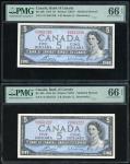 1954年加拿大一组两枚连号5元, 编号U/X 2951226-227. PMG 66EPQ。Bank of Canada, a pair of $5, 1954, consecutive seria