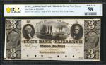 Elizabeth-Town, New Jersey. State Bank at Elizabeth. 18__ (1840s-50s). $3. PCGS Banknote Choice Abou