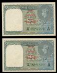 Burma Currency Board, consecutive pair of 1 rupee (2), ND (1947), green prefix serial number K/38 82