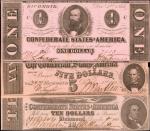 Lot of (3) Confederate Currency Notes. 1862 $10, $5 & $1. Extremely Fine to About Uncirculated.