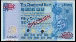 The Chartered Bank, $50, specimen, 1.1.1982, serial number B000000, blue, mythical lion playing with
