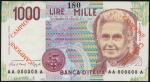Banca dItalia, specimen 1000 lire, 1990, serial number AA 000000 A, purple, violet and multicoloured