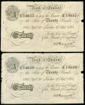 1934年英国20镑2枚，二战时「伯恩哈德行动」 伪钞，连号49M 14617-8，纸边有黄及鏽班，VF，稀有。Bank of England, a pair of Bernhard forgery 