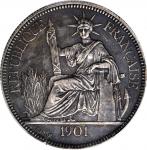 1901-A年坐洋壹圆银币。巴黎造币厂。 FRENCH INDO-CHINA. Piastre, 1901-A. Paris Mint. PCGS AU-53.