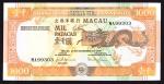 x Banco Nacional Ultramarino, Macau, 1000 patacas, 20 December 1999, serial number MA 99303, red-ora