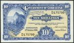 Government of Gibraltar, 10 shillings, 3 October 1958, serial number D175799, blue on yellow underpr