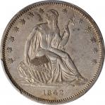 1842 Liberty Seated Half Dollar. WB-7. Rarity-2. Small Date, Medium Letters (a.k.a. Reverse of 1842)