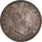 1897年古巴纪念1比索。马萨诸塞州造币厂。CUBA. Souvenir Peso, 1897. Massachusetts (Gorham) Mint. PCGS AU-58.