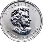 2009年加拿大5元精铸银币一对，重1盎司，含0.9999银，proof UNC，轻微霜化