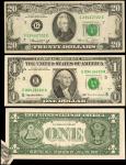UNITED STATES. Lot of (3). Federal Reserve Notes. 1 & 20 Dollars, 1974-95. P-Unlisted. Error Notes. 