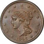 1843 Braided Hair Cent. Newcomb-15. Petite Head, Small Letters. Rarity-3. Mint State-65 BN (PCGS).
