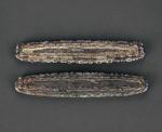 元末明初暹罗国“虎舌”银锭二枚，铸造于公元1238至1420年，曾在云南边境流通，重量分别为：121.3克、120.7克，保存完好