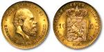 荷兰1875年“威廉三世国王像”10盾金币一枚，金中泛红，镜面底版，工艺精美，NGC MS65（157853-049）