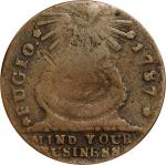 1787 Fugio Copper. Club Rays. Newman 4-E, W-6685. Rarity-3. Rounded Ends. Very Good, Damaged.